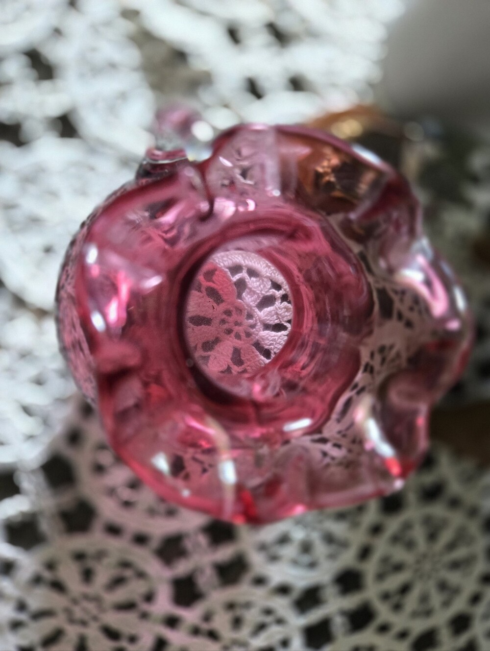 Cranberry Pink Art Glass Ruffled Vase with Applied Clear Handles - Picture 2 of 4